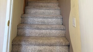 Una escalera alfombrada con barandilla, una lámpara encima y una puerta al final.