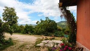 Un jardin avec un chemin de gravier, des plantes en pot et une vue sur des collines lointaines.