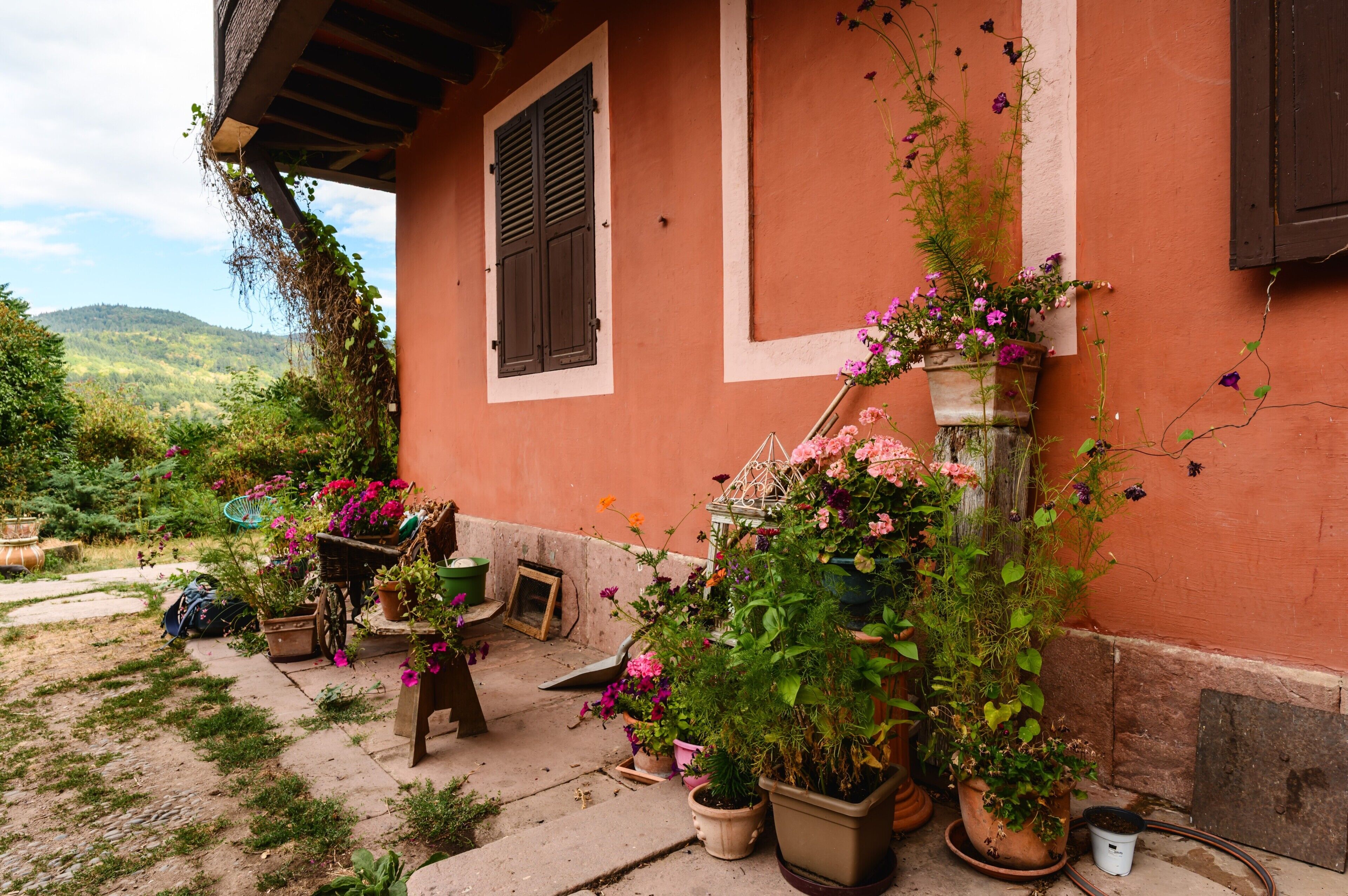 Un edificio rústico con balcón, plantas en macetas y vistas a un paisaje montañoso.