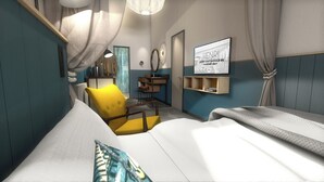 A bedroom with a bed, a chair, a desk, a mirror, and a wall-mounted TV. - HENRI Hotel Cuxhaven (Cuxhaven)