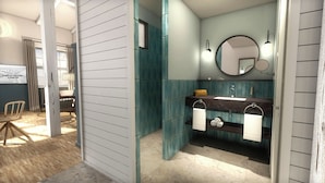 A bathroom with a sink, mirror, towel rack, and a window. - HENRI Hotel Cuxhaven (Cuxhaven)