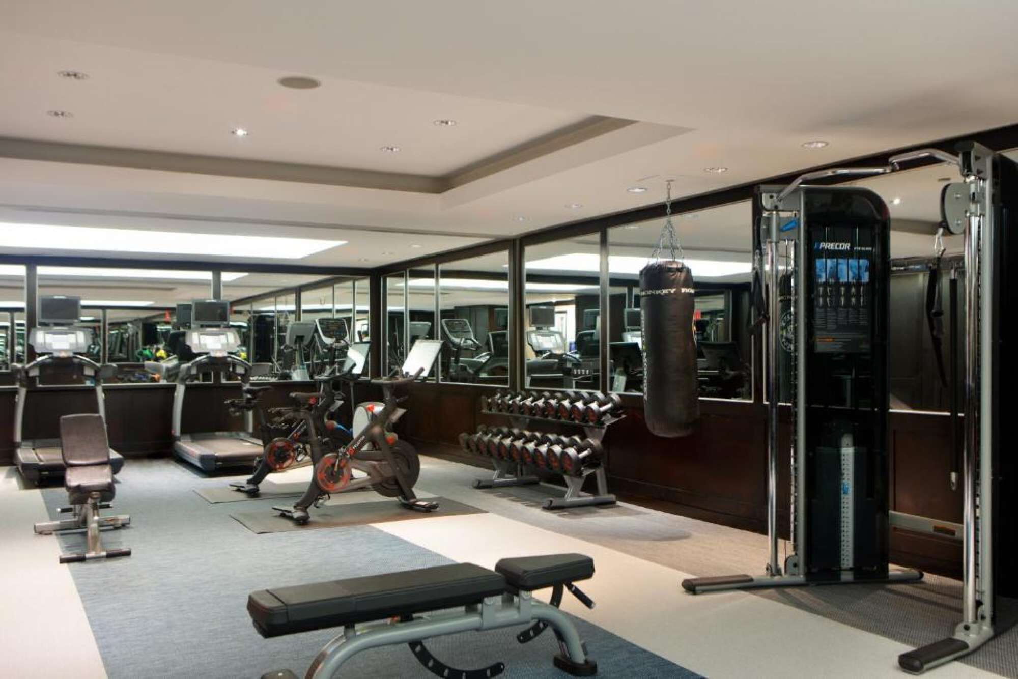 Un gimnasio moderno con diverso equipo de ejercicio, incluyendo cintas de correr, mancuernas y un saco de boxeo.