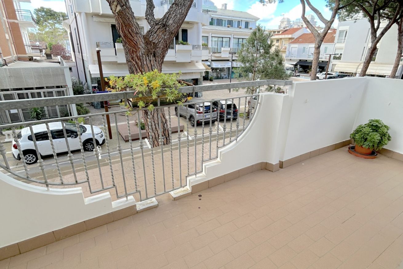 A balcony with a metal railing, a potted plant, and a view of parked cars and buildings in the background.