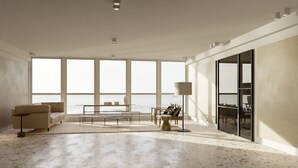 A spacious living room with a large window, a sofa, a coffee table, and a lamp. - Resort Cupidon Neptun (Neptun)