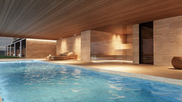 A modern indoor pool area with a wooden ceiling, stone walls, and a lounge area with a sofa and a large vase. - Resort Cupidon Neptun (Neptun)