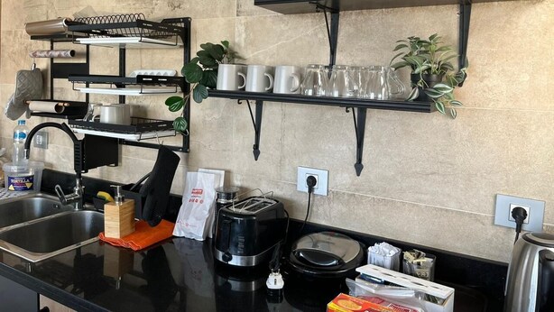 Una cocina con encimera negra, lavamanos de acero inoxidable y diversos electrodomésticos, incluyendo una cafetera y un tostador. Hay estantes sobre la encimera con cristalería y una planta.
