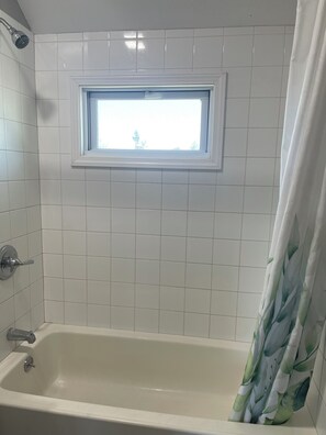 Regadera, secadora de cabello, toallas, jabón 