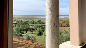 A view through a window with a stone balustrade and white columns, overlooking a green landscape with trees and a distant horizon.