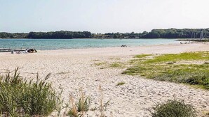 Una playa arenosa con un muelle, agua tranquila y una línea de árboles en la distancia.