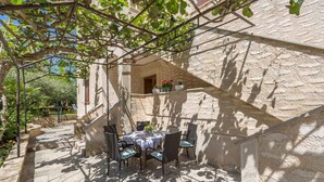 Eine Terrassengruppe im Freien mit Tisch und Stühlen, eine Steinmauer und eine Pergola mit Kletterpflanzen.