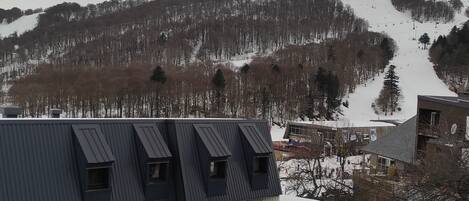 Um edifício com várias janelas e um telhado plano, localizado em uma paisagem nevada com uma pista de esqui ao fundo.