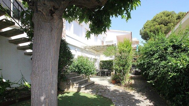 Una escalera de piedra conduce a un edificio blanco, rodeado de follaje y un sendero pavimentado.