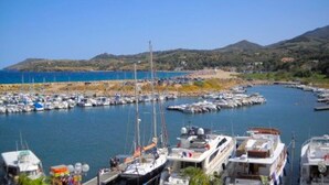 Un puerto deportivo con barcos amarrados, una playa al fondo y colinas.
