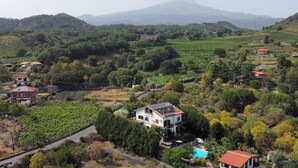 A rural landscape with vineyards, houses, and a swimming pool.
