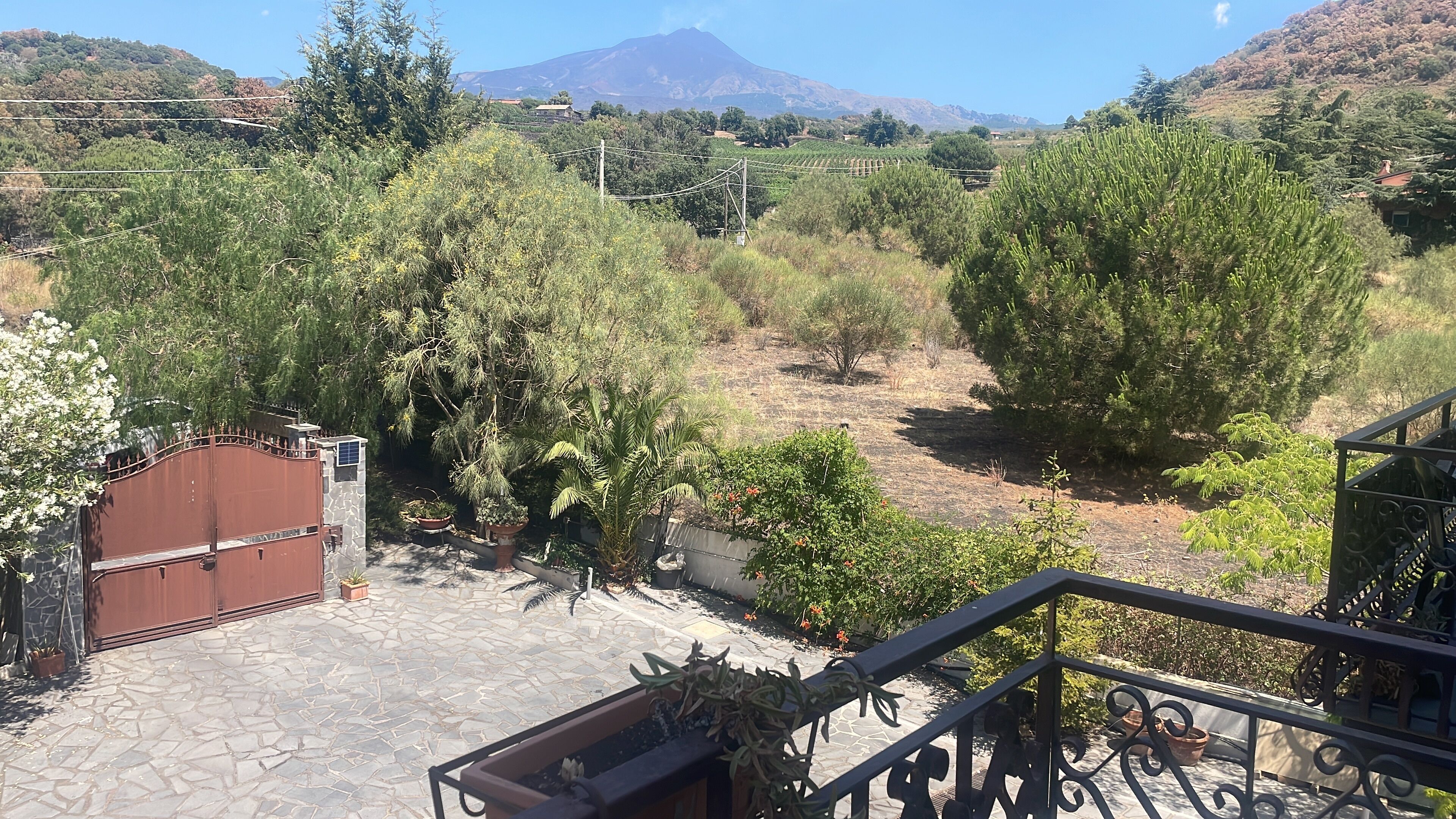 Un cortile con pavimento in pietra, circondato da piante e alberi, con vista su una montagna sullo sfondo.