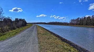 Un chemin de gravier longe une rivière, bordée d’arbres des deux côtés, sous un ciel bleu clair.