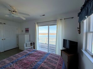 Ett sovrum med en säng, en tv, en takfläkt, ett fönster med utsikt över stranden och en dörr.