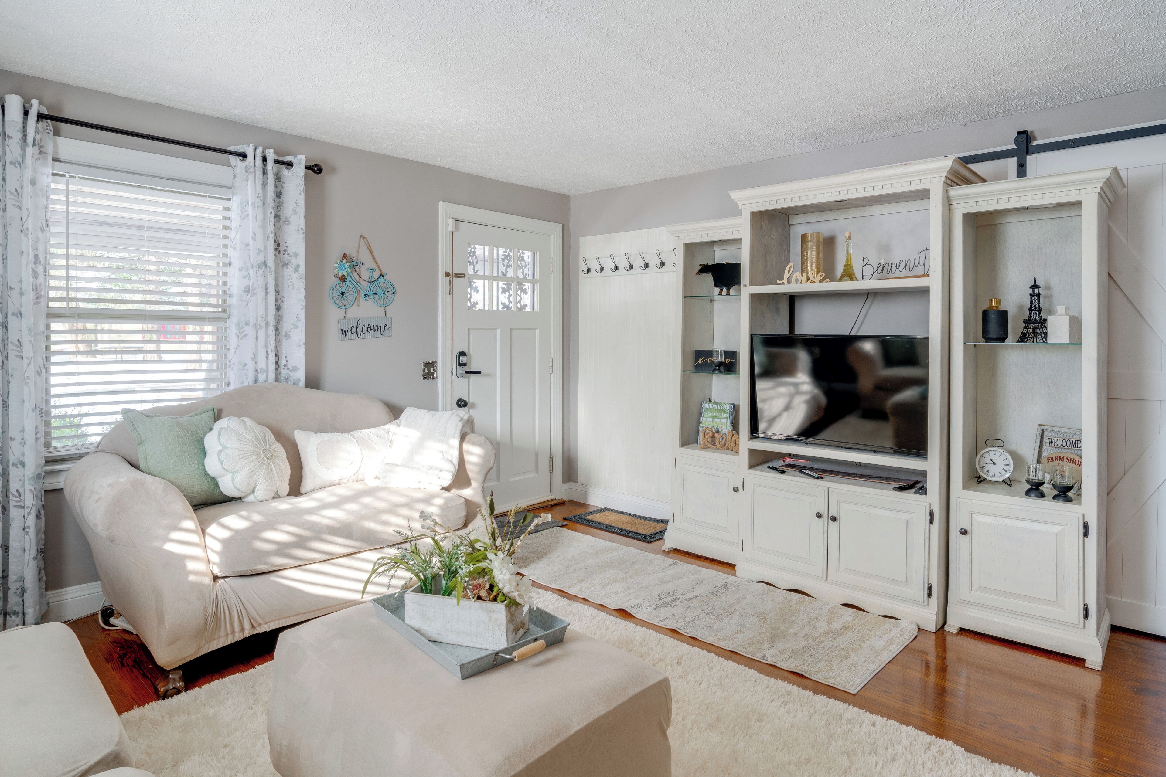 A living room with a sofa, a coffee table with a plant, a TV, and a bookshelf.