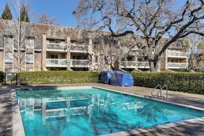 A swimming pool with a clear blue water, surrounded by a hedge and trees. - Pool Access! Base to See Stanford & Intl Soccer (Menlo Park)