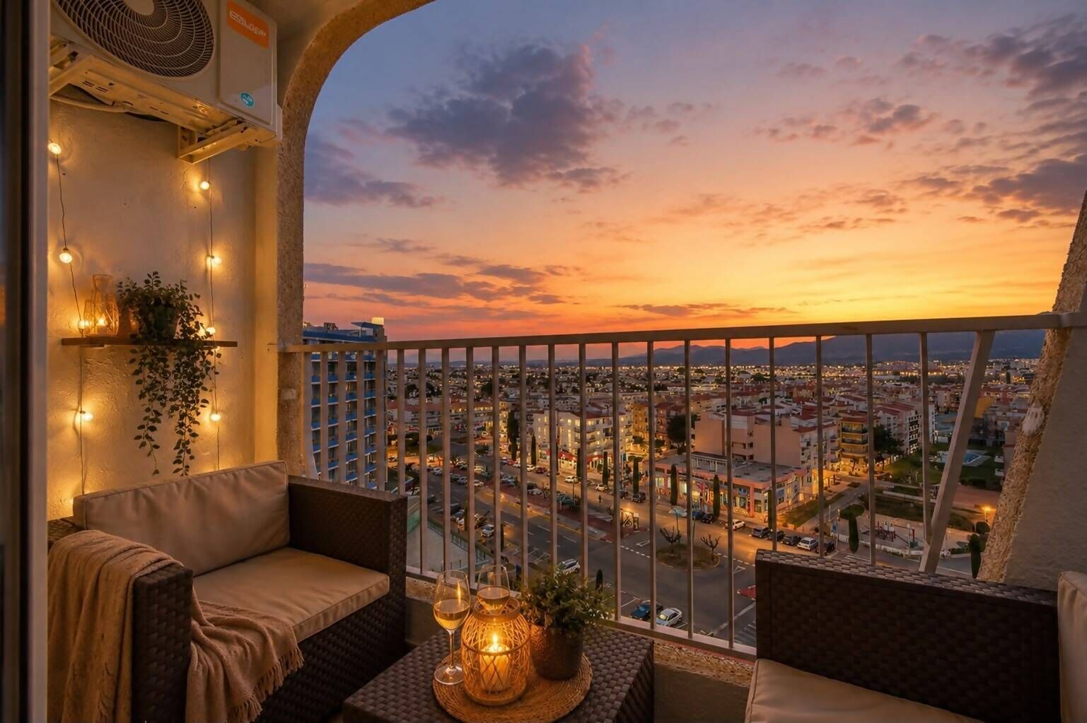 A balcony with a city view at sunset, a fan, string lights, and a table with a candle.