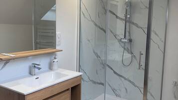 Shower, towels, toilet paper