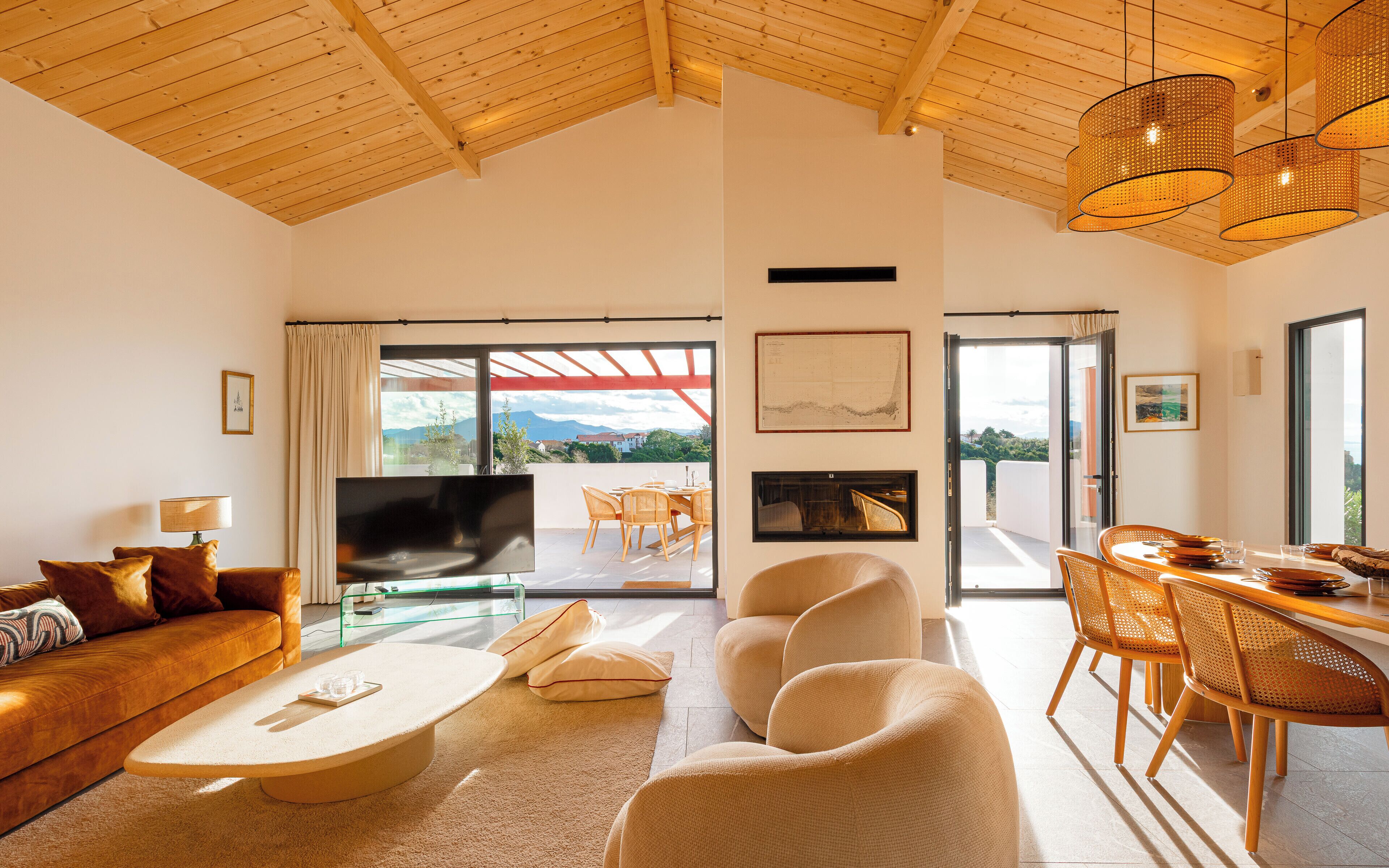 Televisión, chimenea y libros 