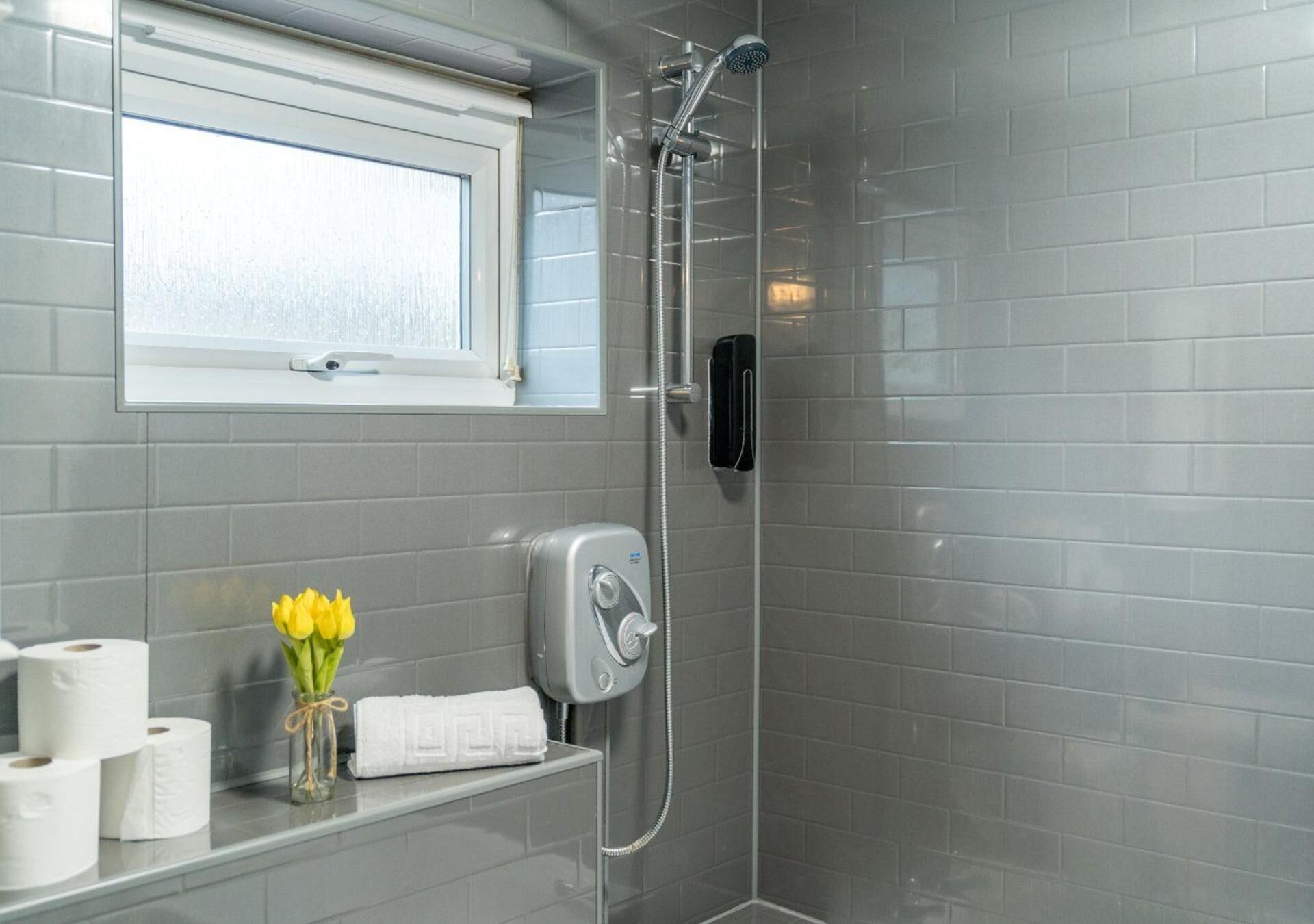 Combined shower/bathtub, deep-soaking bathtub, hair dryer, towels