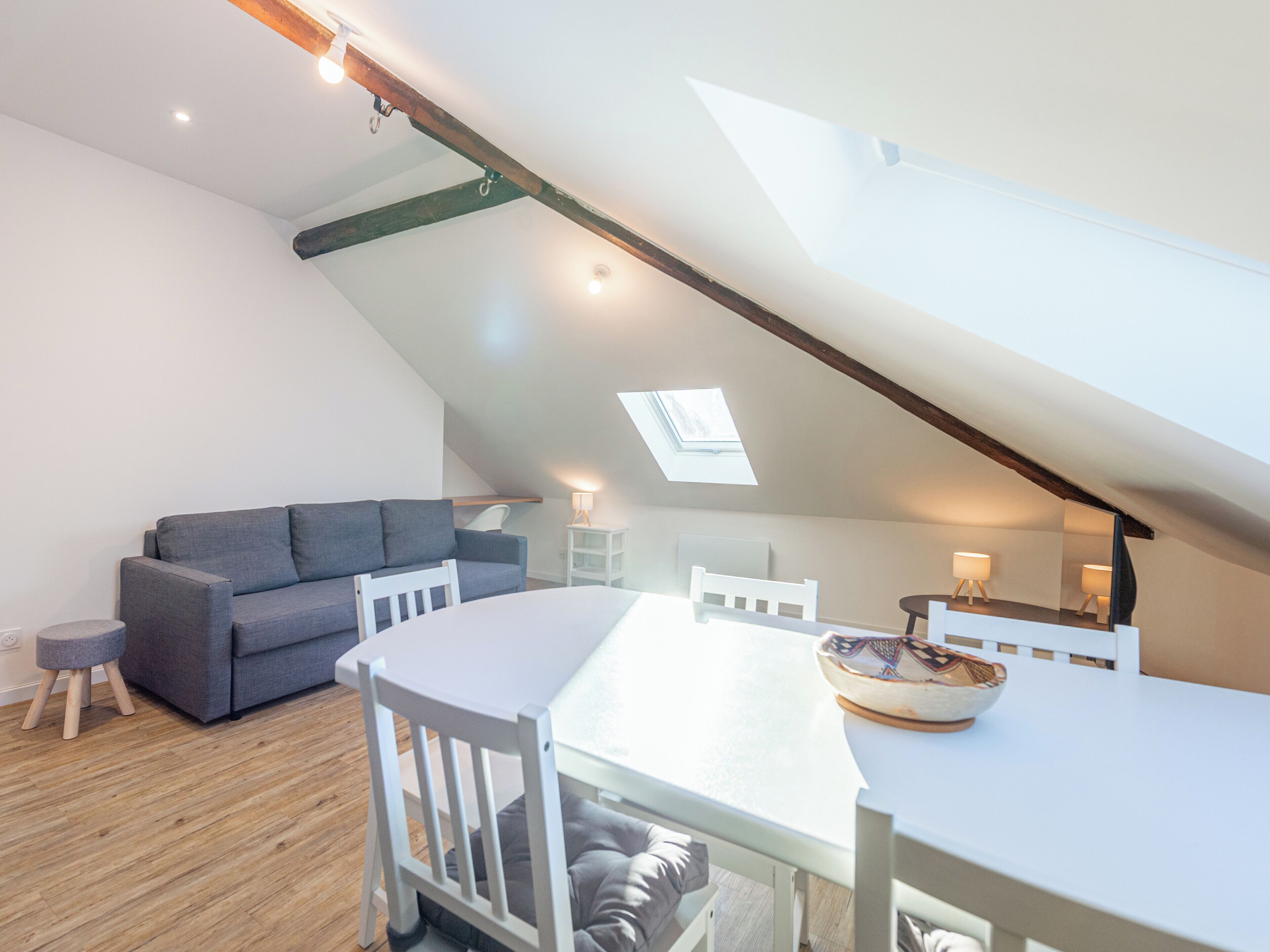 Een loft-achtige kamer met een schuine kap, een eettafel, een grijze bank en een dakraam.
