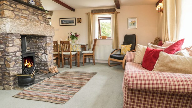 A cozy living room with a stone fireplace, wooden furniture, and a checkered sofa. - Applestore (Wadebridge)