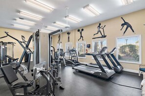 A gym with various exercise equipment, including treadmills and weight machines, and large windows with blinds. - Shoreline Towers 1095 2 Bedroom Condo (Destin)