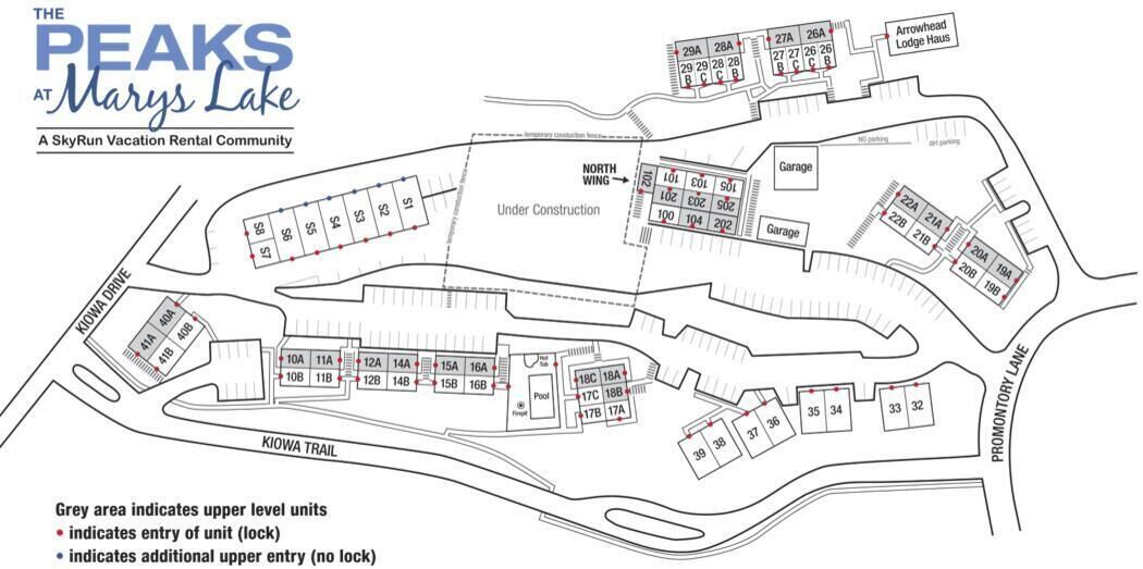 A floor plan of The Peaks at Marys Lake, a SkyRun vacation rental community, with marked entry points, garages, and upper level units.