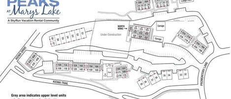 A floor plan of The Peaks at Marys Lake, a SkyRun vacation rental community, with marked entry points, garages, and upper level units.