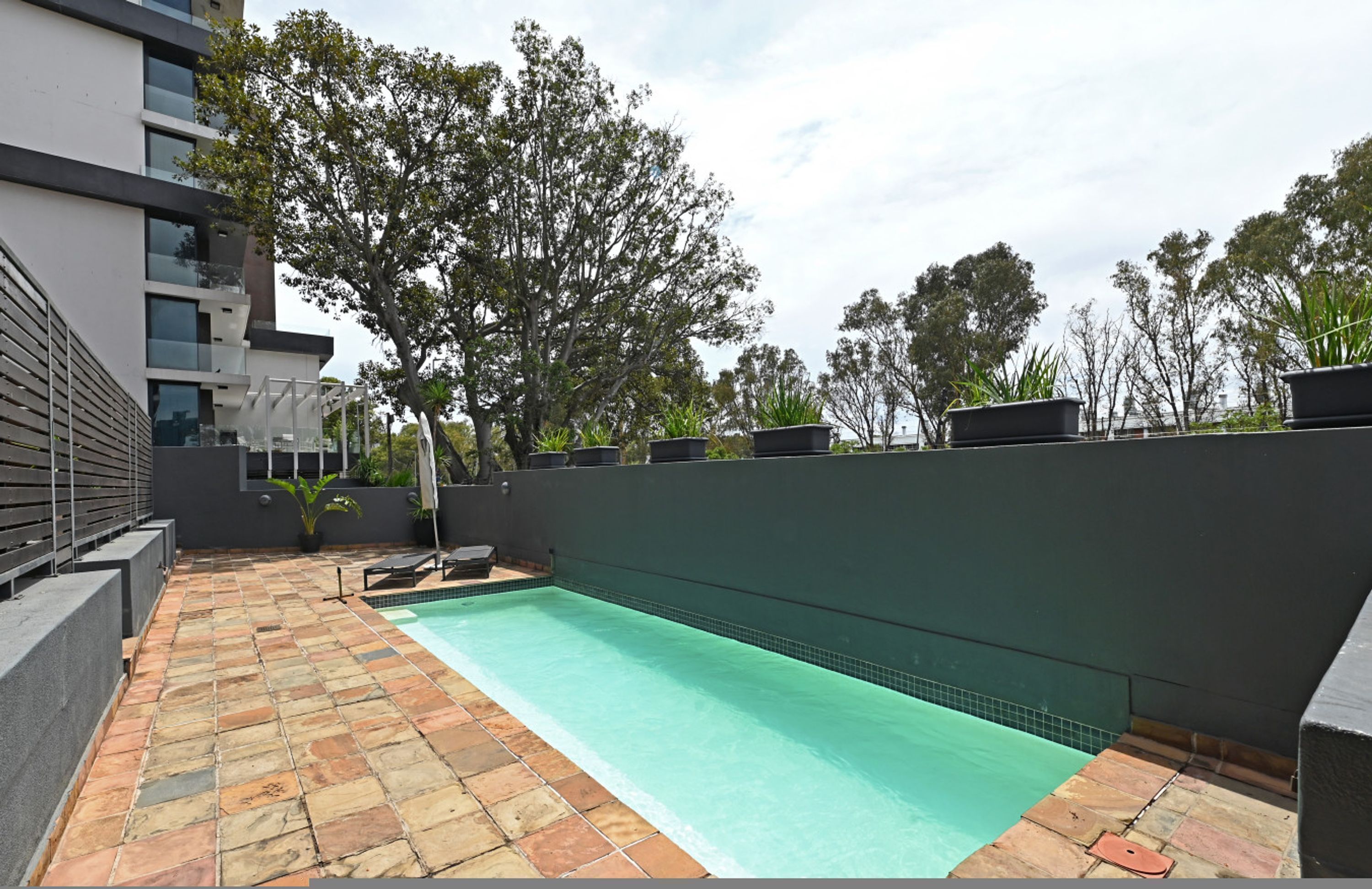 Une piscine sur le toit, avec un sol carrelé, entourée d’un petit muret et de plantes en pot.