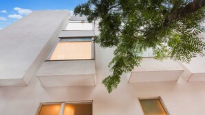 A modern building with multiple windows and a tree in the foreground.