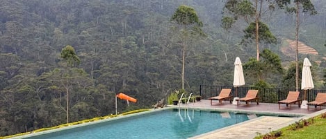 Outdoor pool, pool umbrellas, pool loungers