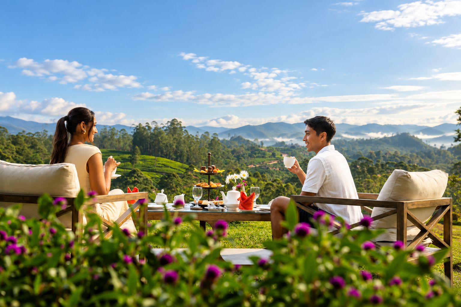 Una pareja disfrutando de una comida en una mesa con vistas a la montaña.