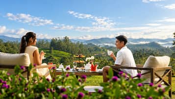 Una pareja disfrutando de una comida en una mesa con vistas a la montaña.