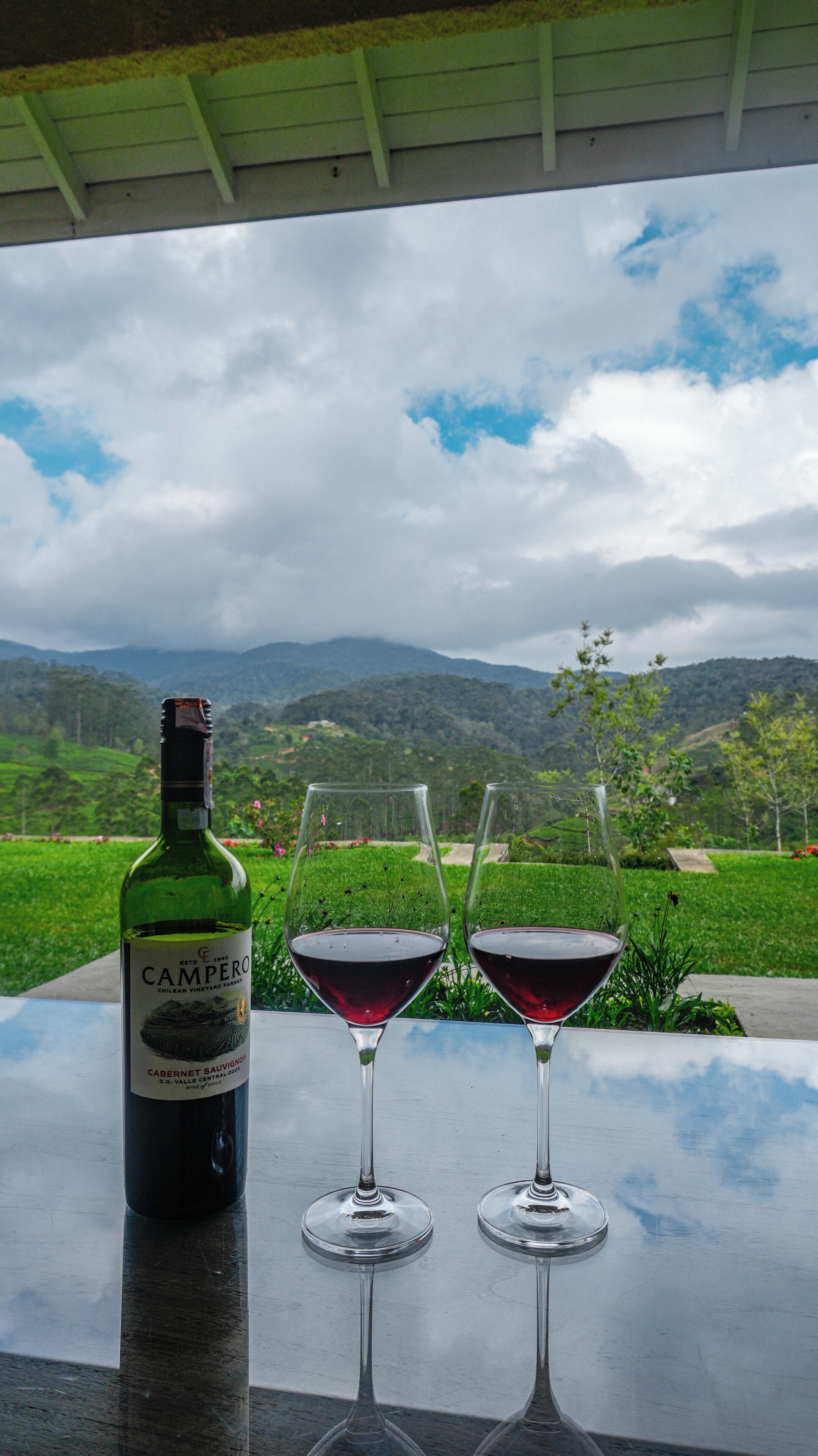 A bottle of wine and two glasses on a table with a view of a mountainous landscape.