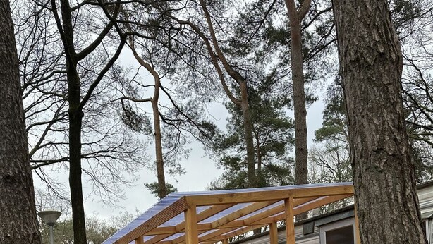Una cabana de fusta amb terrassa i un porxo cobert, envoltada d'arbres i un terra ple de fulles.