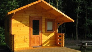 Una cabaña de madera con puerta principal, una ventana pequeña y una terraza de madera.