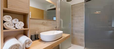 Shower, hair dryer, towels