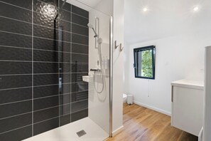 Shower, hair dryer, towels