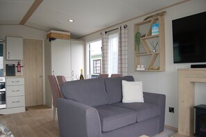 Ein modernes Wohnzimmer mit grauem Sofa, Flachbildfernseher und Kamin.