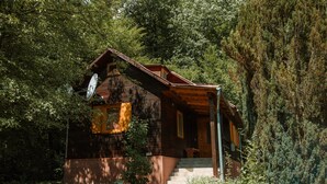 Una cabaña rústica con fachada de madera, un porche y una escalera que lleva a la entrada.