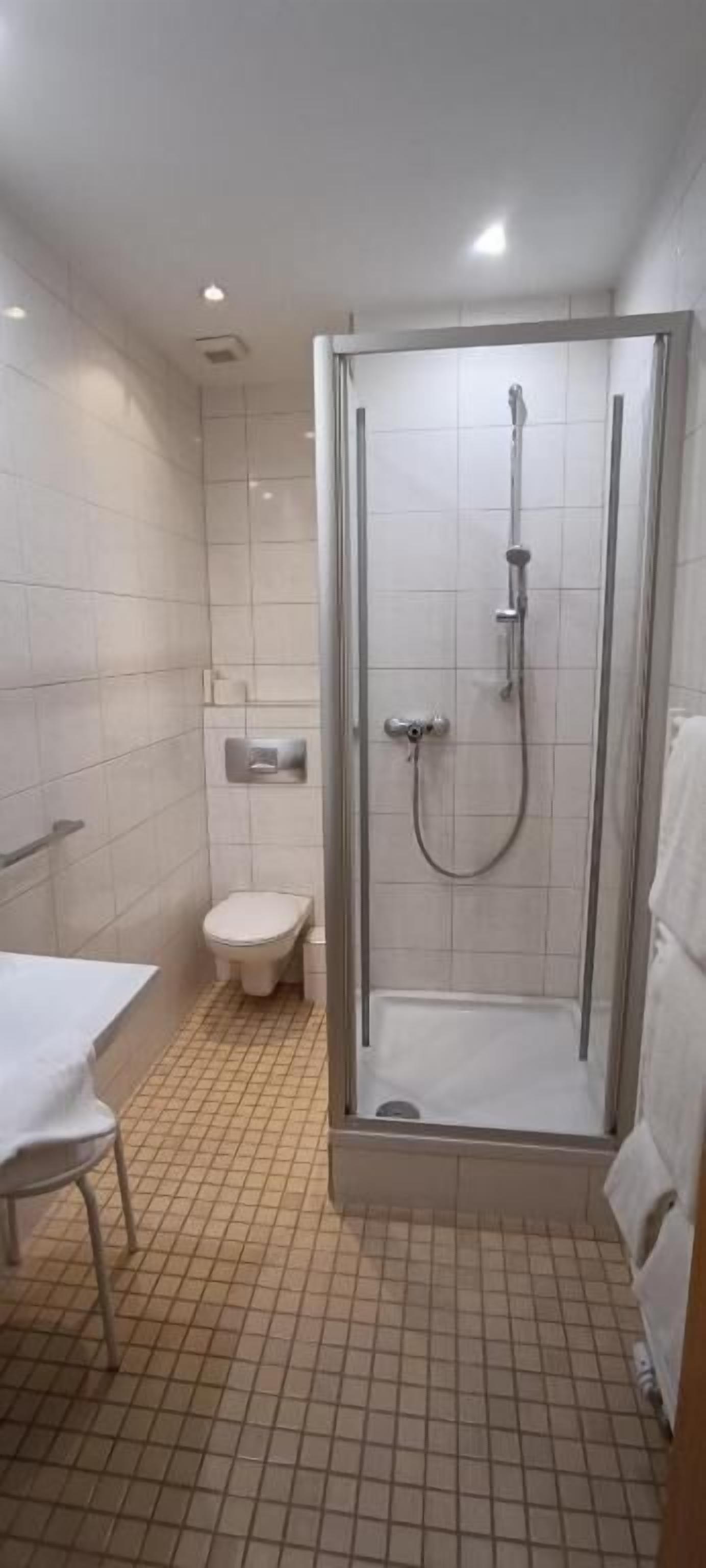 Et badeværelse med en brusekabine i glas, toilet og håndvask med håndklæde.