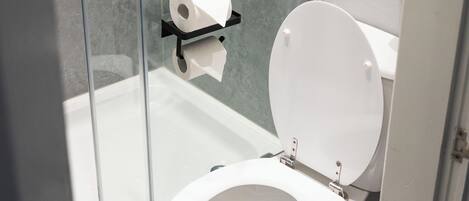 A bathroom with a glass shower enclosure, a white toilet, and a towel rack.