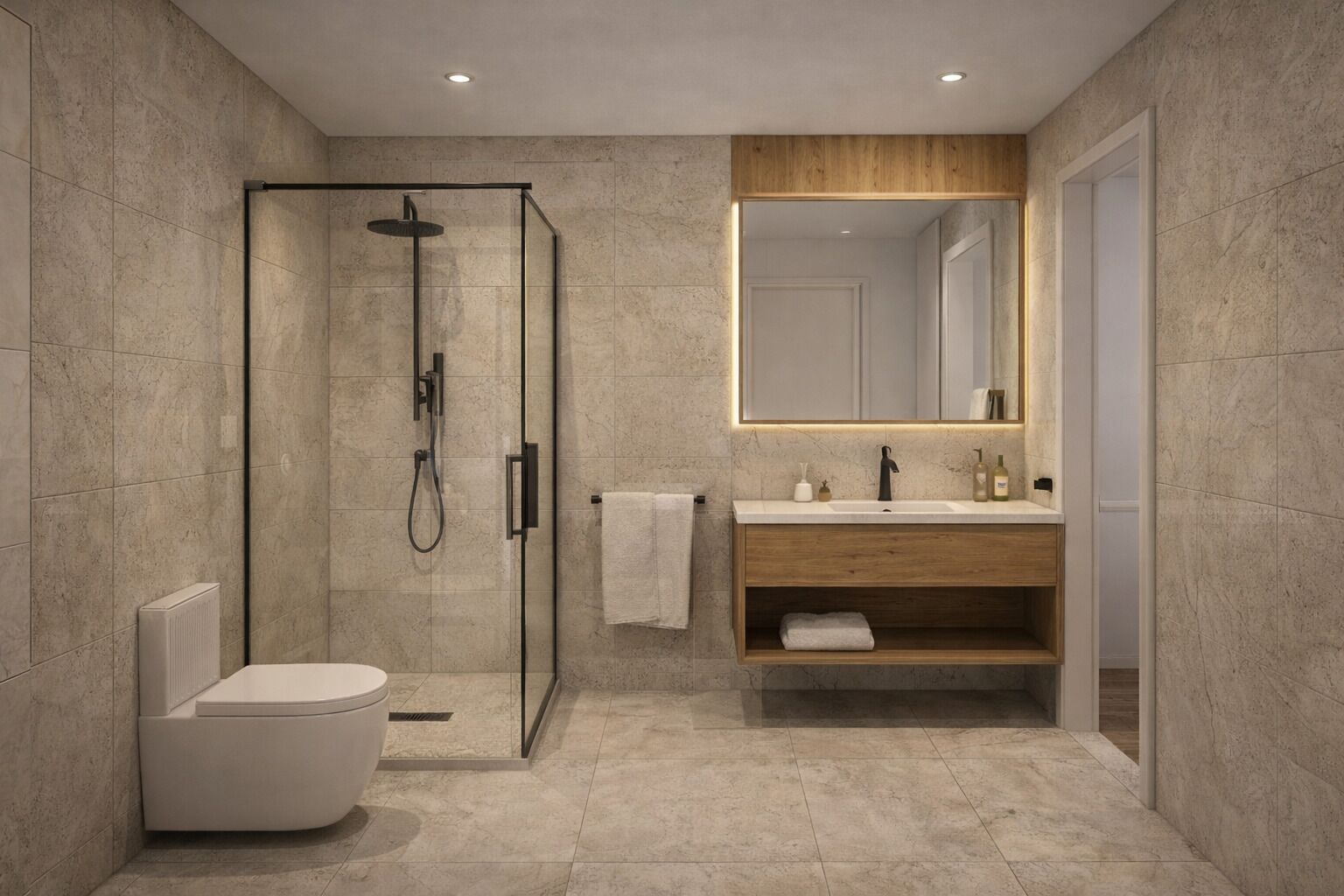 A modern bathroom with a glass-enclosed shower, a white toilet, a wooden vanity with a mirror, and a tiled floor.