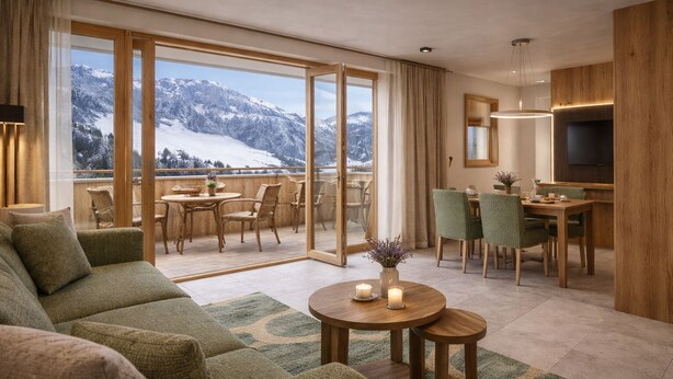 A spacious living area with a large sofa, a dining table, and chairs, a small coffee table with candles, and a view of snow-capped mountains through large windows.