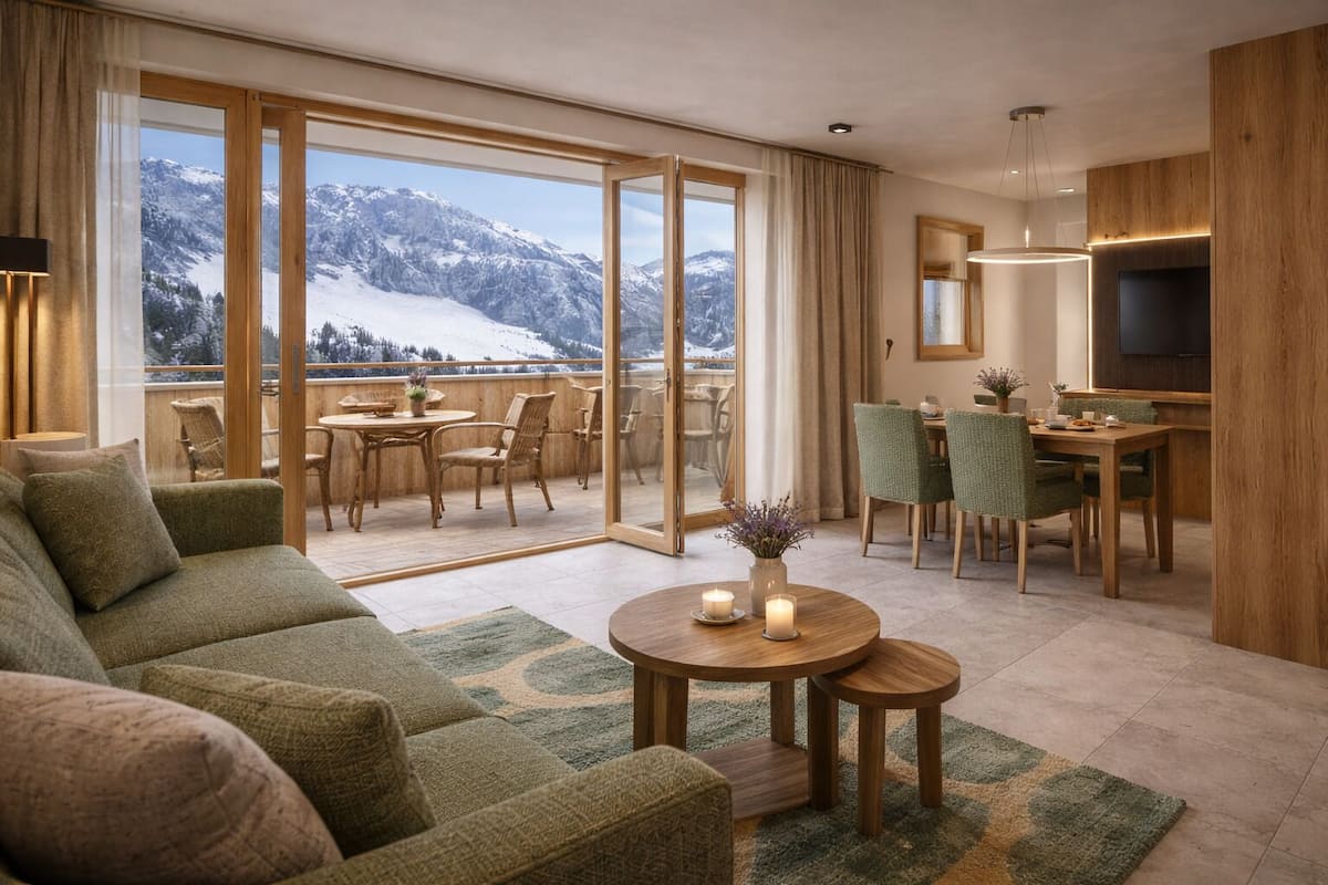 Uma sala de estar ampla com um sofá grande, uma mesa de jantar e cadeiras, uma pequena mesa de centro com velas, e vista para montanhas nevadas através de grandes janelas.