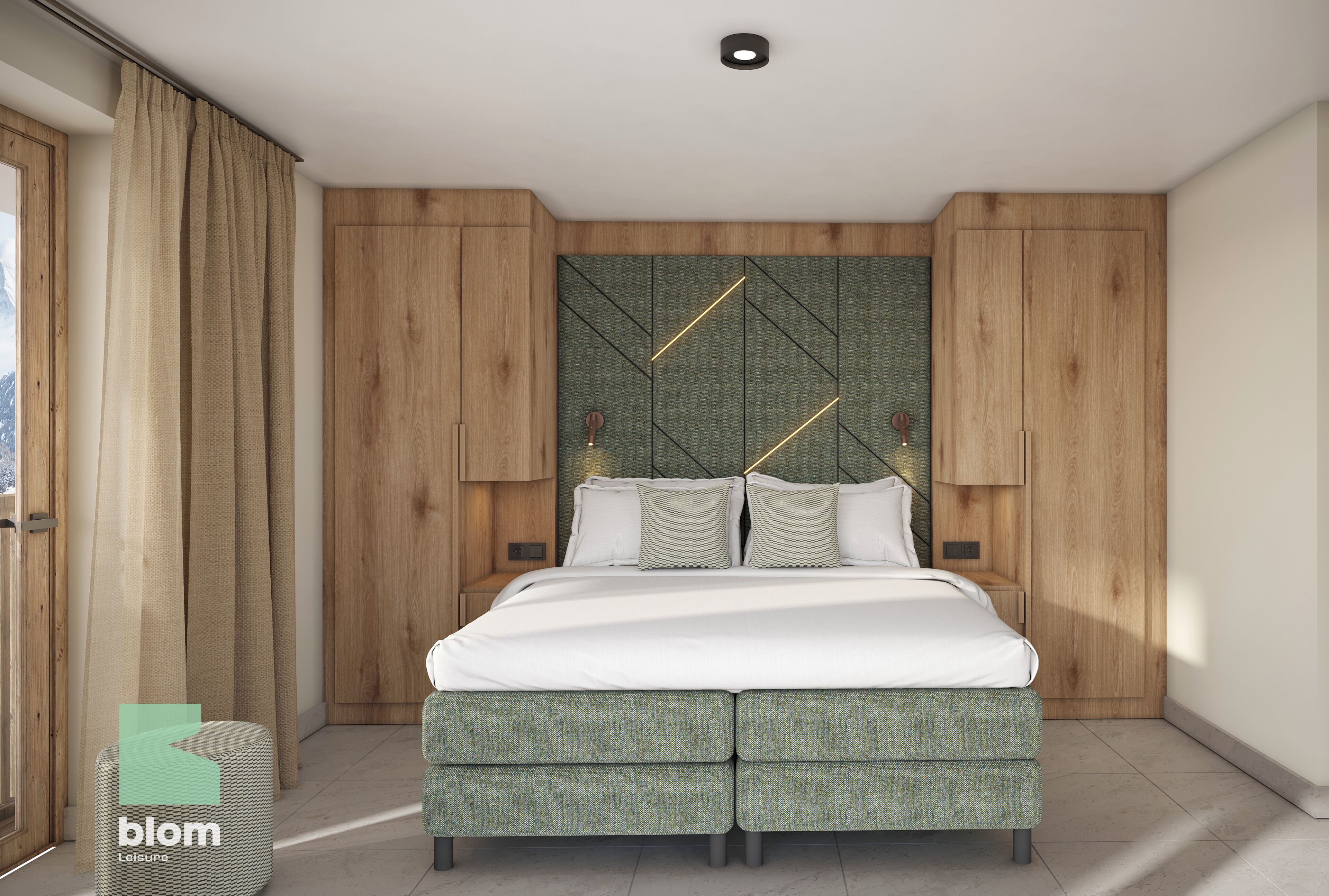 Un dormitorio moderno con una cama, cortinas y paneles de madera.